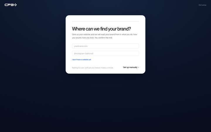 Écran de configuration de CP3® qui demande l’adresse de votre site web