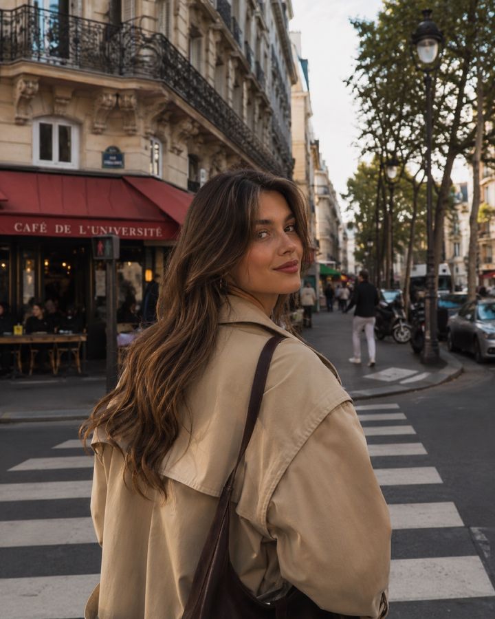 A finished branded post: an autumn coat on a city street